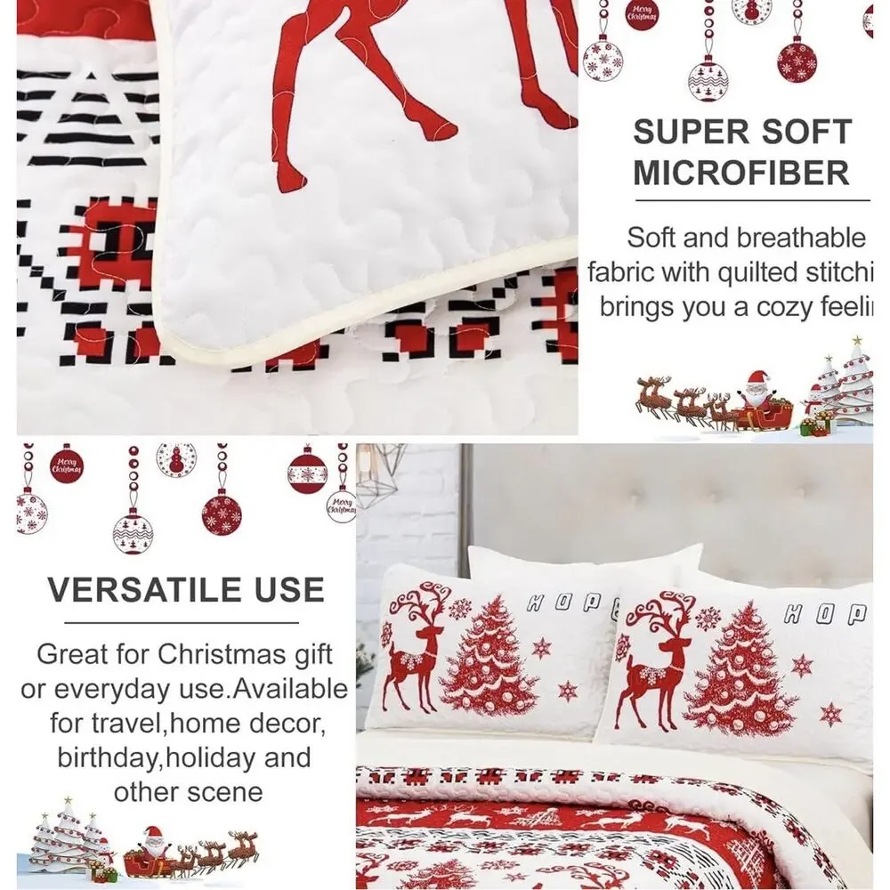 DJY Christmas Quilt Set Christmas Trees Reindeer Snowflake Pattern 3 Pc King